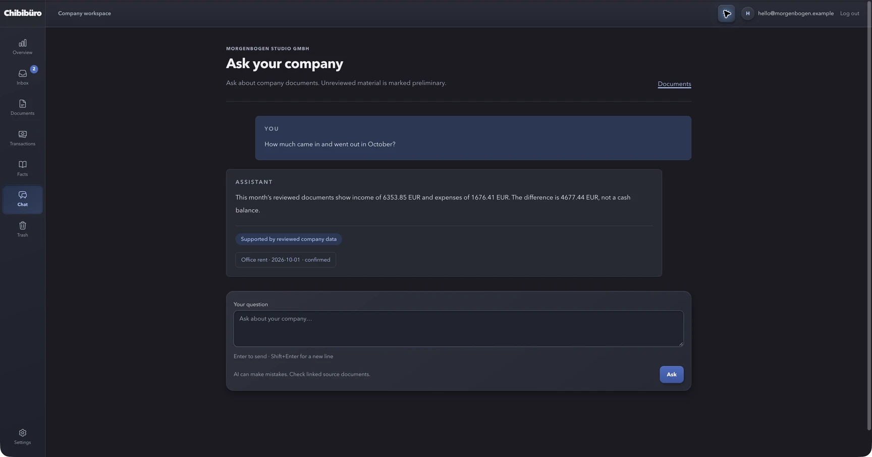 Chibibüro company chat with a question about income and expenses and a source-linked answer.